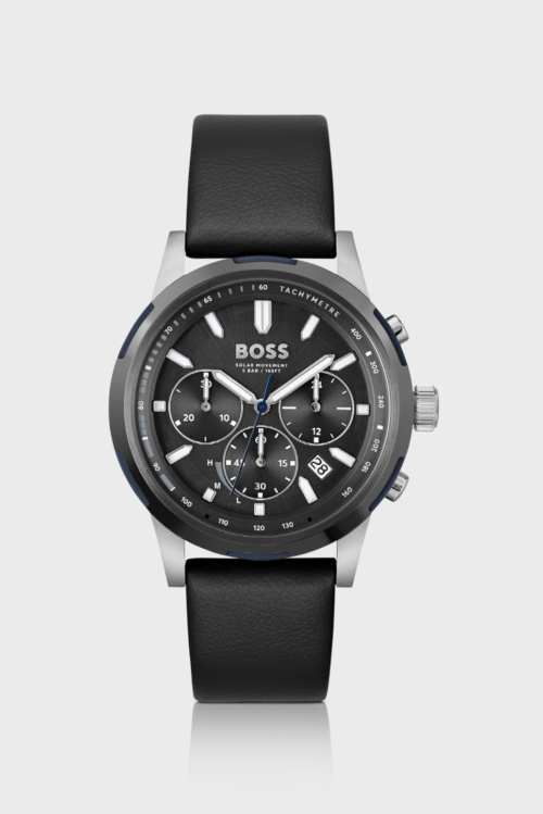 BOSS Black-Dial Chronograph Solar Watch with Black Leather Strap